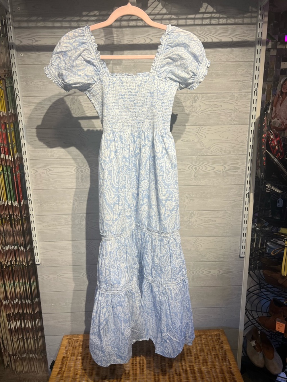 O.P.T. Light Blue Paisley Puff-Sleeve Maxi Dress